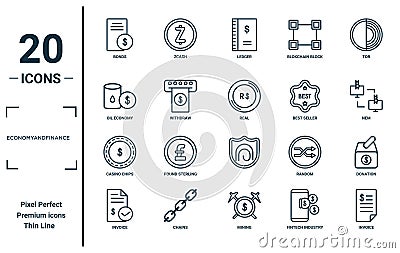 economyandfinance linear icon set. includes thin line bonds, oil economy, casino chips, invoice, invoice, real, donation icons for Vector Illustration