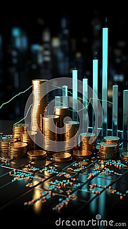 Economys growth represented by a 3D finance chart with blue money backdrop Stock Photo