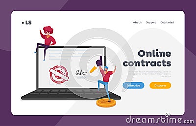 Econtract Signing Landing Page Template. Tiny Male Characters Cheering at Huge Laptop with Document Vector Illustration