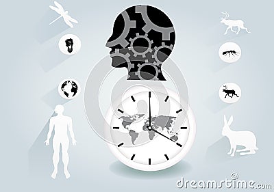 Ecoology conceptual flat design vector illustration. Black human head, clock, animals Vector Illustration