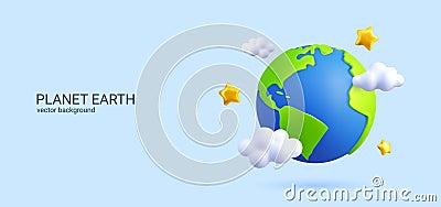 Ecosystem globe earth. Map 3d planet, star and clean clouds, ecology and environment care, world with green continents Vector Illustration