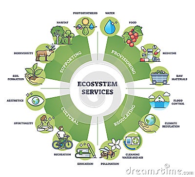 Ecosystem services and nature based ecological solutions outline diagram Vector Illustration