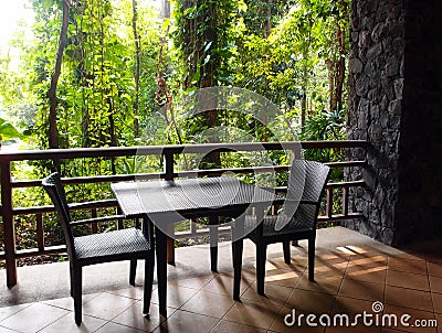 Ecotourism resort patio with natural jungle view Stock Photo