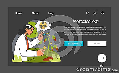 Ecotoxicology night or dark mode web banner or landing page. Scientist Cartoon Illustration