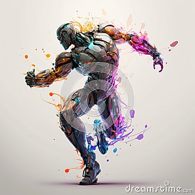 Ecstatic dance of a cyborg with splash of colours. Generative AI Stock Photo