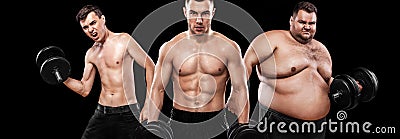 Ectomorph, mesomorph and endomorph . Before and after result. Sport concept. Group of three young sports men - fitness models hold Stock Photo