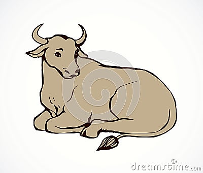 Vector contour illustration of lying cow with big horns Vector Illustration