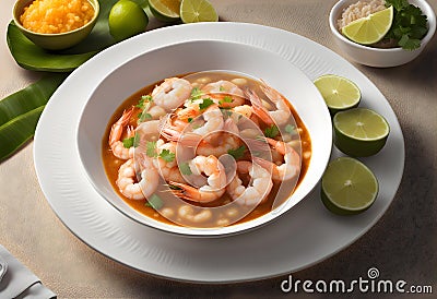 The ecuadorian national dish Encebollado soup with shrimps on the table Stock Photo
