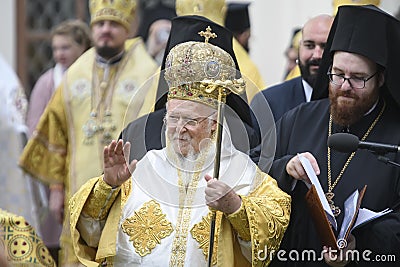 Ecumenical Patriarch Bartholomew during a religious service close to the St. Sophia Cathedral in Kyiv, Ukraine Editorial Stock Photo
