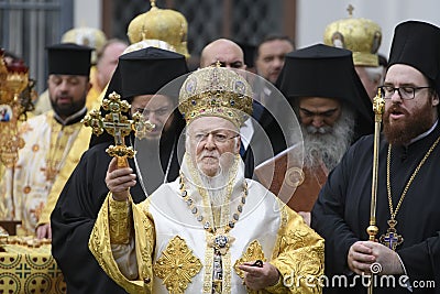 Ecumenical Patriarch Bartholomew during a religious service close to the St. Sophia Cathedral in Kyiv, Ukraine Editorial Stock Photo