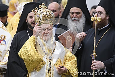 Ecumenical Patriarch Bartholomew during a religious service close to the St. Sophia Cathedral in Kyiv, Ukraine Editorial Stock Photo