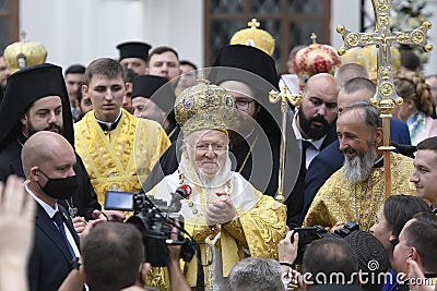 Ecumenical Patriarch Bartholomew during a religious service close to the St. Sophia Cathedral in Kyiv, Ukraine Editorial Stock Photo