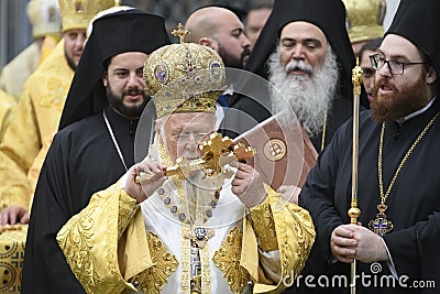 Ecumenical Patriarch Bartholomew during a religious service close to the St. Sophia Cathedral in Kyiv, Ukraine Editorial Stock Photo