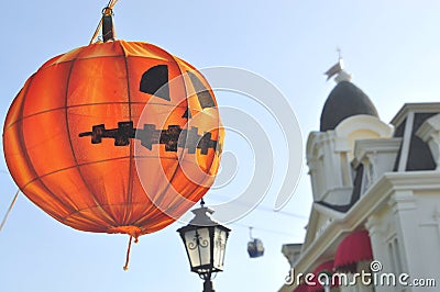 Ed Halloween lantern is hanging beside a castle in the Vinpearland Editorial Stock Photo