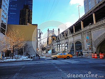 Ed Koch Queensboro Bridge in New York City during winter daytime against blue sky Editorial Stock Photo