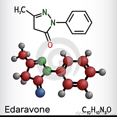 Edaravone molecule. Structural chemical formula, molecule model. Vector Illustration