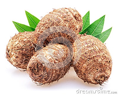 Eddoe or taro tubers with green leaves isolated on white background Stock Photo