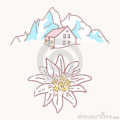 Edelweiss chalet hut cabin mountains symbol alpinism alps germany logo Vector Illustration