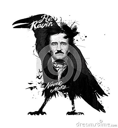 Edgar Allan Poe, drawing on isolated white background for print and web.Black and white composition and calligraphy for the Editorial Stock Photo