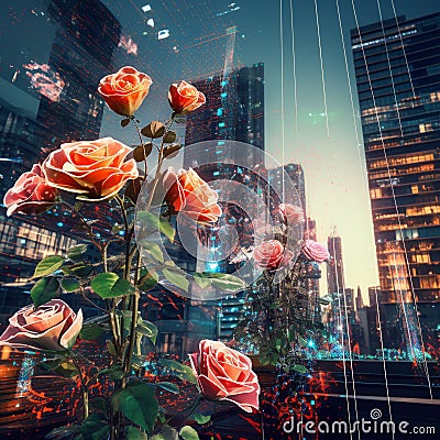 Edge computing conjuring roses from pixels, in a smart city's eternal spring Stock Photo