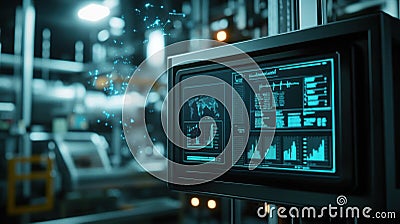 An edge computing unit attached to a diagnostic monitor in a factory with bright LEDs illuminating the screen. Complex Stock Photo