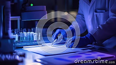 An edgelit workbench where a worker utilizes a quality assurance tool surrounded by detailed documentation and samples Stock Photo