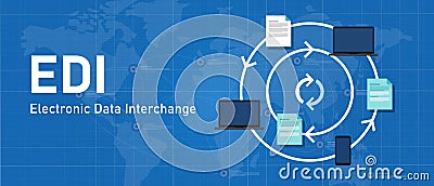 EDI electronic data interchange software system to process paper to paperless paperwork exchange between device Vector Illustration