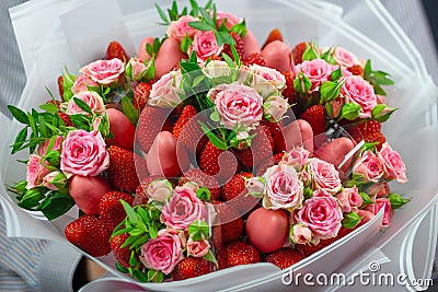 Edible bouquet, strawberries in glaze, strawberries, flowers Stock Photo