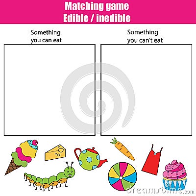 Edible inedible educational children game, kids activity sheet Vector Illustration