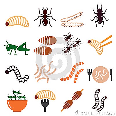 Edible worms and insects vector icons set - alternative source on protein in food Vector Illustration
