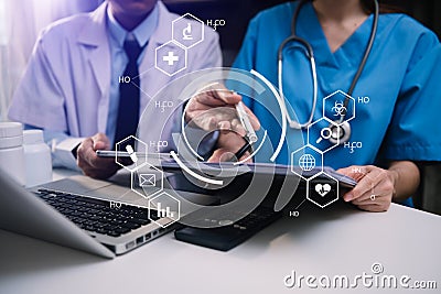 Edicine doctor hand working with modern computer and smart phone,digital tablet Stock Photo