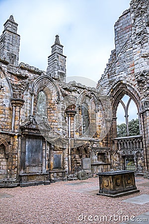 Edinburg. Ruins of Holyrood Abbey founded in 1128 by David I. Editorial Stock Photo