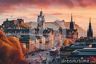 Edinburgh cityscape at sunset, Scotland, United Kingdom. HDR image, View of Edinburgh Castle, Balmoral Hotel and Princes Street Stock Photo