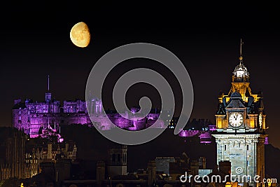 Edinburgh night Cityscape with the Moon Stock Photo