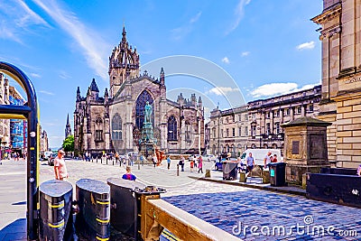 The front stone facade and main tower of the St. Giles Cathedral in Edinburgh Editorial Stock Photo