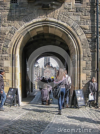 Edinburgh / Scotland / UK - 04/20/2014: View at the interior Edinburgh Castle, detail of walls medieval fortress principal gate, a Editorial Stock Photo