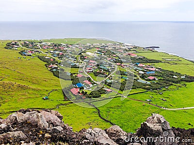 Edinburgh of the Seven Seas town aerial panoramic view, Tristan da Cunha, the most remote inhabited island, South Atlantic Ocean. Stock Photo