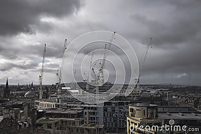 Edinburgh skyline with multiple cranes at St James development in city centre Editorial Stock Photo