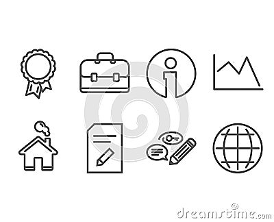 Edit document, Portfolio and Success icons. Line chart, Keywords and Globe signs. Vector Illustration