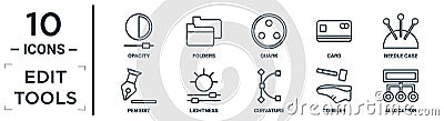edit.tools linear icon set. includes thin line opacity, quark, needle case, lightness, cobbler, allocation, pen edit icons for Vector Illustration