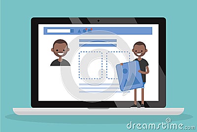 Edit your profile. Conceptual illustration. Young black character uploading a photo on his social media profile / flat vector ill Vector Illustration