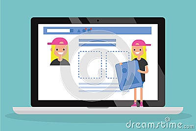 Edit your profile. Conceptual illustration. Young female character uploading a photo on her social media profile / flat vector il Cartoon Illustration