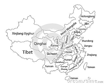 Editable blank vector map of China. Administrative divisions of China counties, separated provinces. Stock Photo