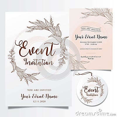 Editable event invitations with elegant elegant flower lines Vector Illustration