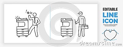 Editable line icon of a broken printer and a repairman fixing it Vector Illustration