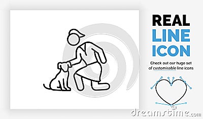 Editable line icon of a woman petting a dog Vector Illustration