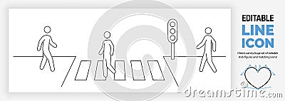 Editable linear stick figure iwalking the cross road Vector Illustration