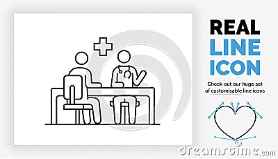 Editable real line icon of a stick figure doctor consultatio Vector Illustration