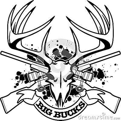 Deer skull with crossing hunting rifles and banner with text big bucks Vector Illustration