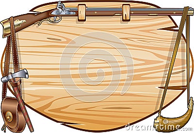 Flintlock musket on wooden shield Vector Illustration